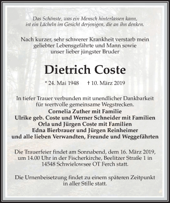 Traueranzeige von Dietrich Coste von Märkischen Allgemeine Zeitung