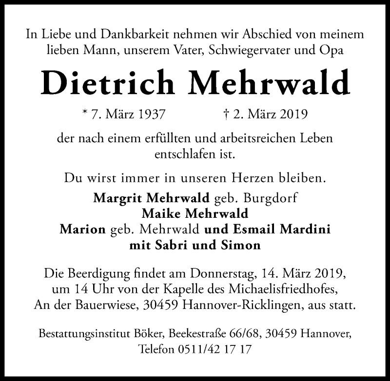 Traueranzeige für Dietrich Mehrwald vom 09.03.2019 aus Hannoversche Allgemeine Zeitung/Neue Presse
