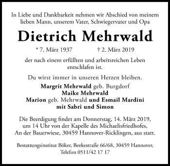 Traueranzeige von Dietrich Mehrwald von Hannoversche Allgemeine Zeitung/Neue Presse