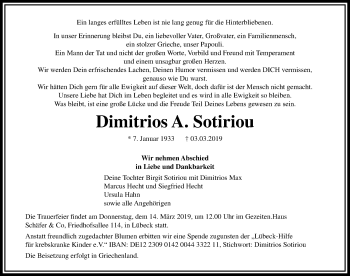 Traueranzeige von Dimitrios A. Sotiriou von Lübecker Nachrichten