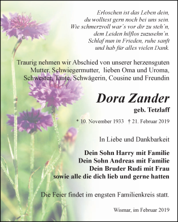Traueranzeige von Dora Zander von Ostsee-Zeitung GmbH
