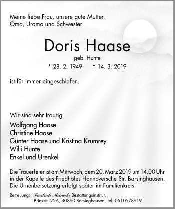 Traueranzeige von Doris Haase von Hannoversche Allgemeine Zeitung/Neue Presse