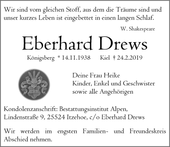 Traueranzeige von Eberhard Drews von Kieler Nachrichten