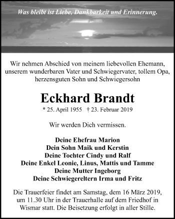 Traueranzeige von Eckhard Brandt von Ostsee-Zeitung GmbH