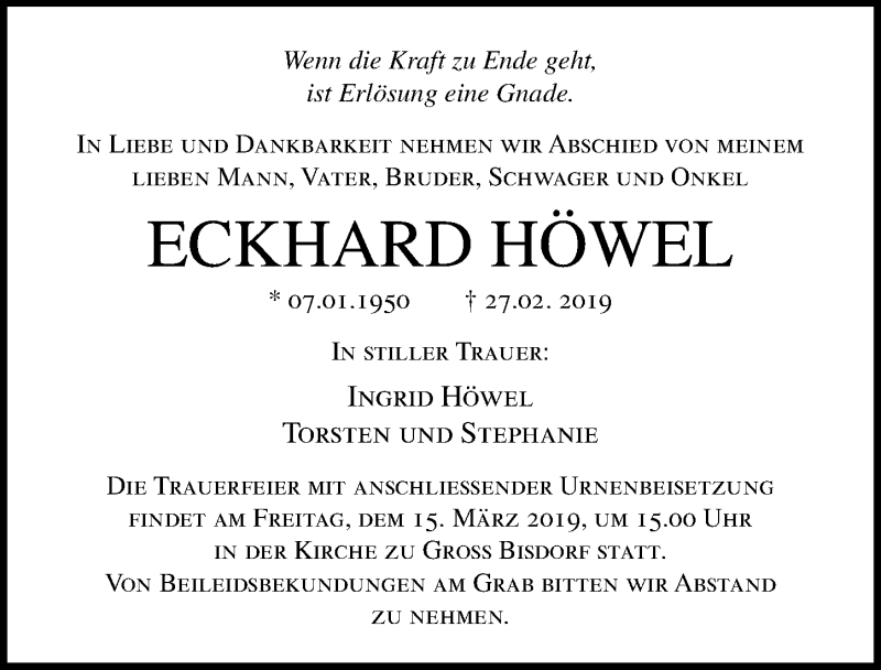  Traueranzeige für Eckhard Höwel vom 09.03.2019 aus Ostsee-Zeitung GmbH