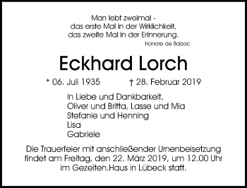 Traueranzeige von Eckhard Lorch von Lübecker Nachrichten