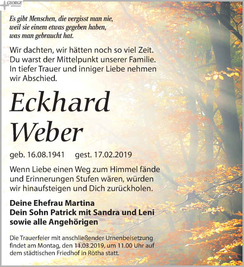  Traueranzeige für Eckhard Weber vom 23.02.2019 aus Leipziger Volkszeitung