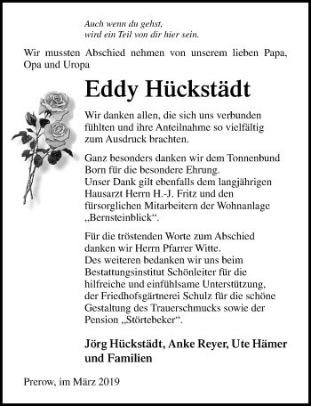 Traueranzeige von Eddy Hückstädt von Ostsee-Zeitung GmbH