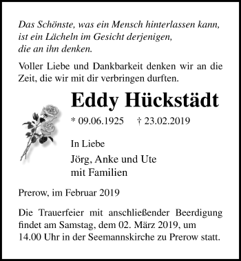 Traueranzeige von Eddy Hückstädt von Ostsee-Zeitung GmbH