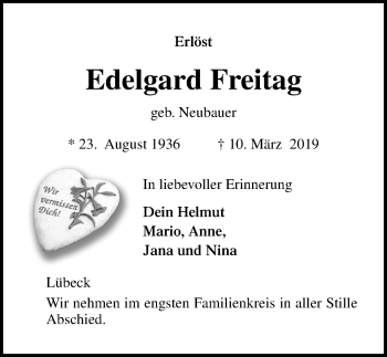 Traueranzeige von Edelgard Freitag von Lübecker Nachrichten
