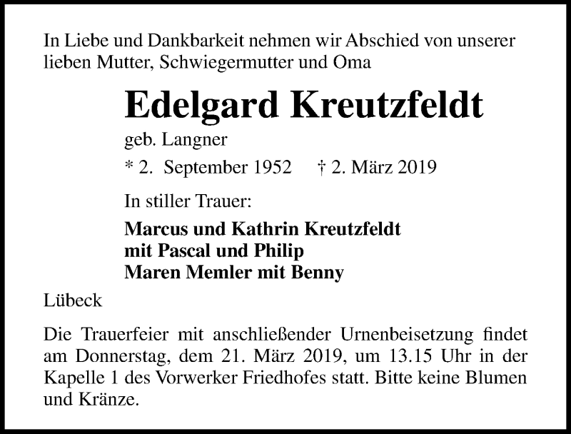  Traueranzeige für Edelgard Kreutzfeldt vom 10.03.2019 aus Lübecker Nachrichten