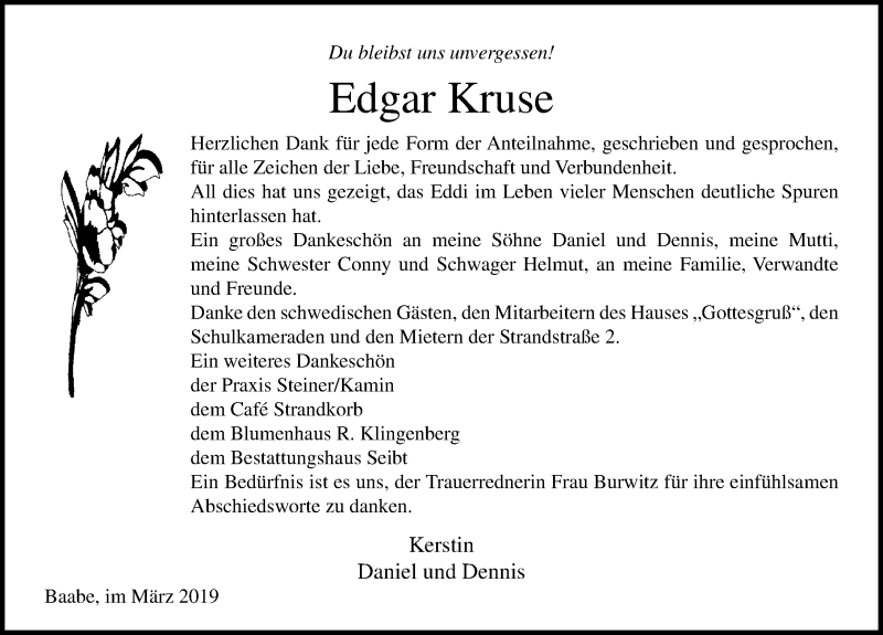  Traueranzeige für Edgar Kruse vom 27.03.2019 aus Ostsee-Zeitung GmbH
