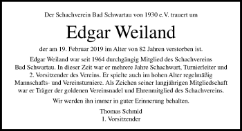 Traueranzeige von Edgar Weiland von Lübecker Nachrichten