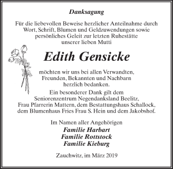 Traueranzeige von Edith Gensicke von Märkischen Allgemeine Zeitung