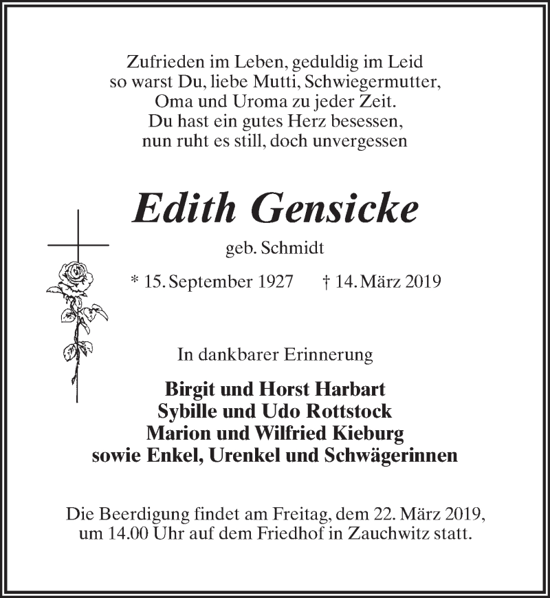 Traueranzeige für Edith Gensicke vom 19.03.2019 aus Märkischen Allgemeine Zeitung