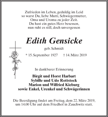 Traueranzeige von Edith Gensicke von Märkischen Allgemeine Zeitung