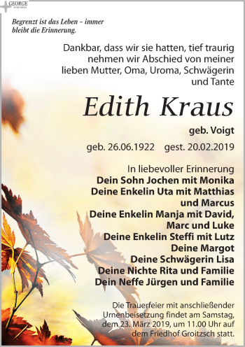 Traueranzeige von Edith Kraus von Leipziger Volkszeitung