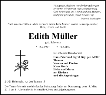 Traueranzeige von Edith Müller von Kieler Nachrichten