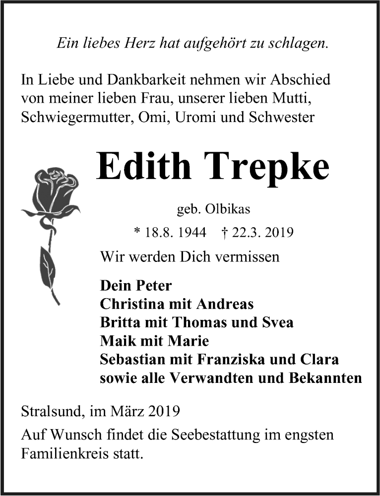  Traueranzeige für Edith Trepke vom 30.03.2019 aus Ostsee-Zeitung GmbH