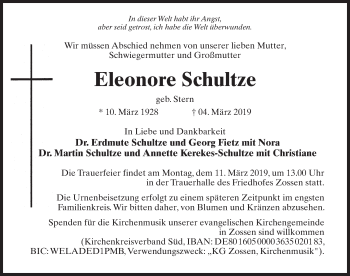Traueranzeige von Eleonore Schultze von Märkischen Allgemeine Zeitung