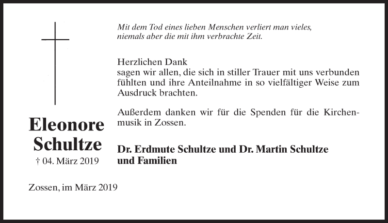 Traueranzeige für Eleonore Schultze vom 16.03.2019 aus Märkischen Allgemeine Zeitung