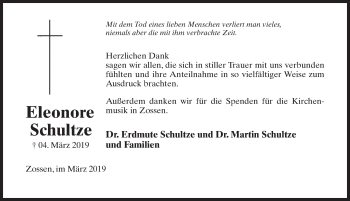 Traueranzeige von Eleonore Schultze von Märkischen Allgemeine Zeitung