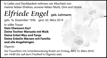 Traueranzeige von Elfriede Engel von Leipziger Volkszeitung