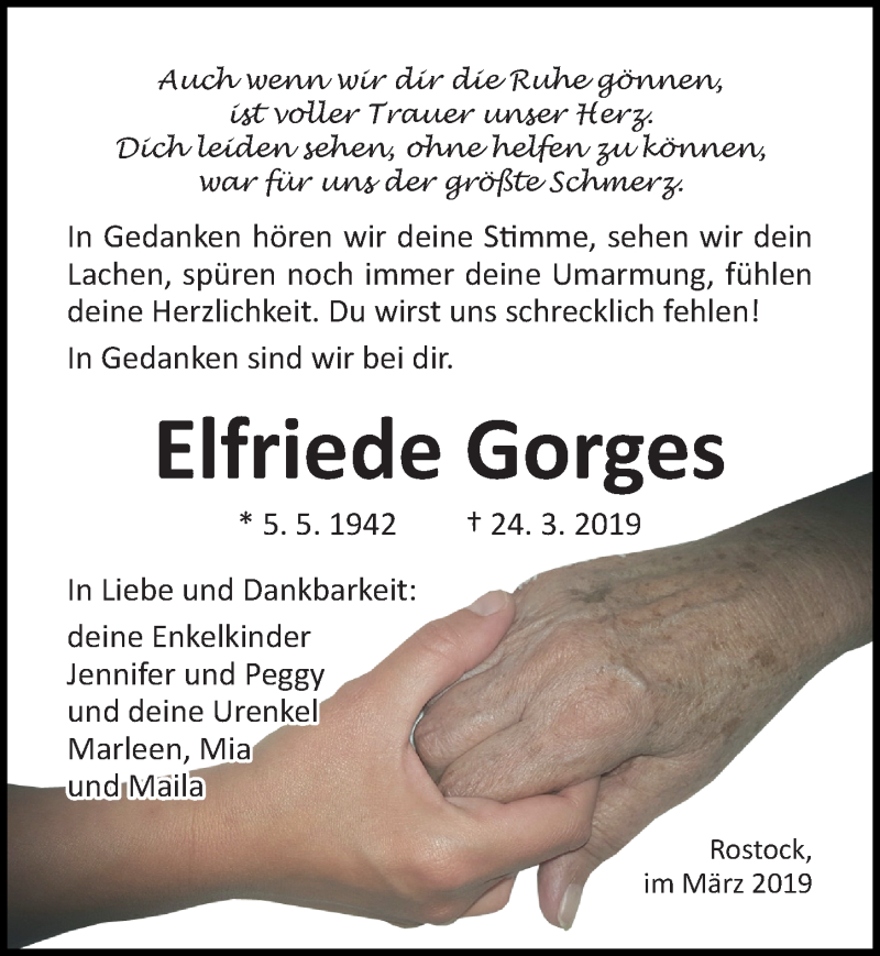  Traueranzeige für Elfriede Gorges vom 30.03.2019 aus Ostsee-Zeitung GmbH