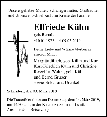 Traueranzeige von Elfriede Kühn von Ostsee-Zeitung GmbH