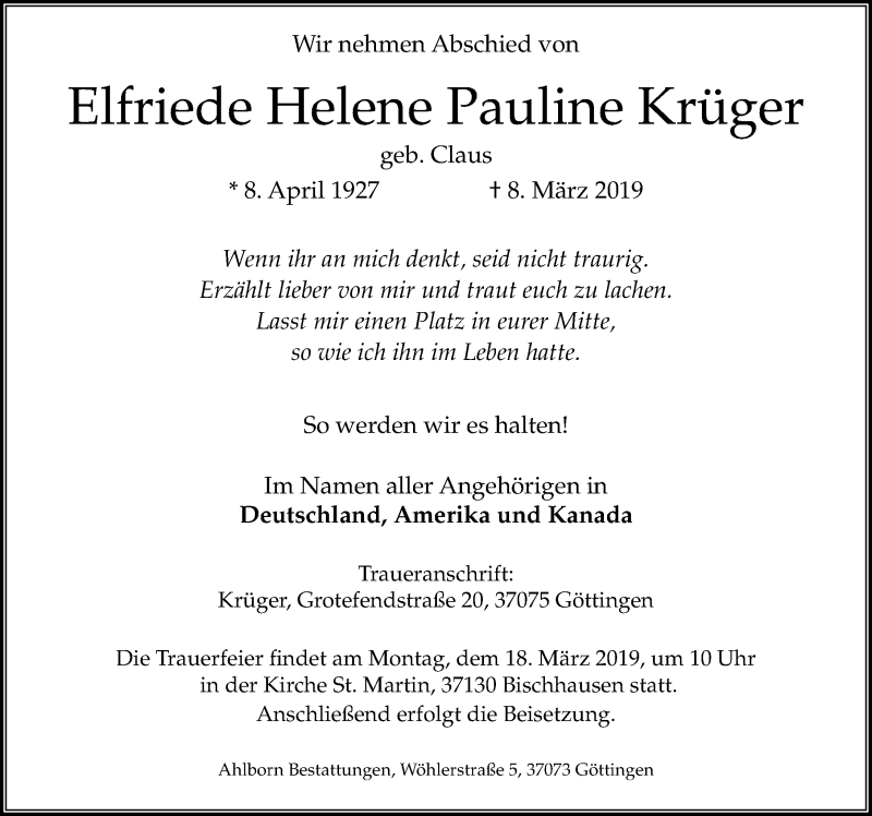  Traueranzeige für Elfriede Helene Pauline Krüger vom 13.03.2019 aus Göttinger Tageblatt