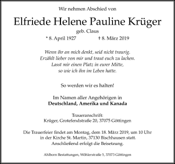 Traueranzeige von Elfriede Helene Pauline Krüger von Göttinger Tageblatt