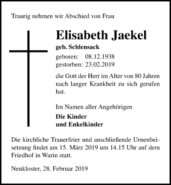 Traueranzeige von Elisabeth Jaekel von Ostsee-Zeitung GmbH