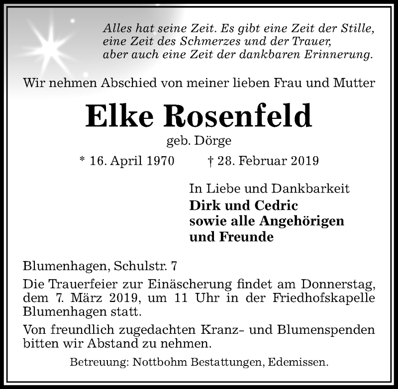  Traueranzeige für Elke Rosenfeld vom 05.03.2019 aus Peiner Allgemeine Zeitung