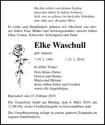 Traueranzeige von Elke Waschull von Ostsee-Zeitung GmbH