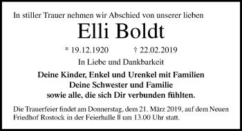 Traueranzeige von Elli Boldt von Ostsee-Zeitung GmbH