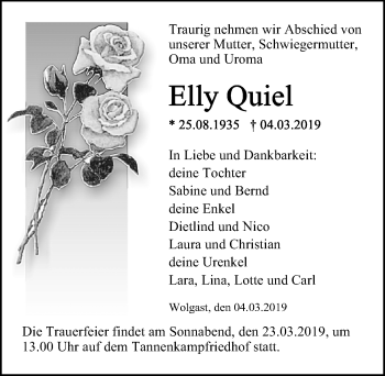 Traueranzeige von Elly Quiel von Ostsee-Zeitung GmbH