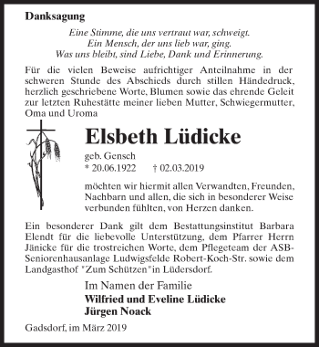 Traueranzeige von Elsbeth Lüdicke von Märkischen Allgemeine Zeitung