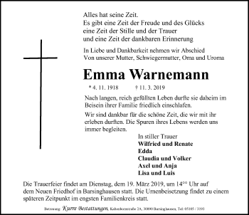 Traueranzeige von Emma Warnemann von Hannoversche Allgemeine Zeitung/Neue Presse