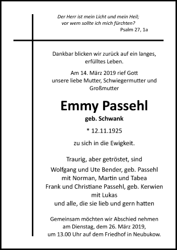Traueranzeige von Emmy Passehl von Ostsee-Zeitung GmbH