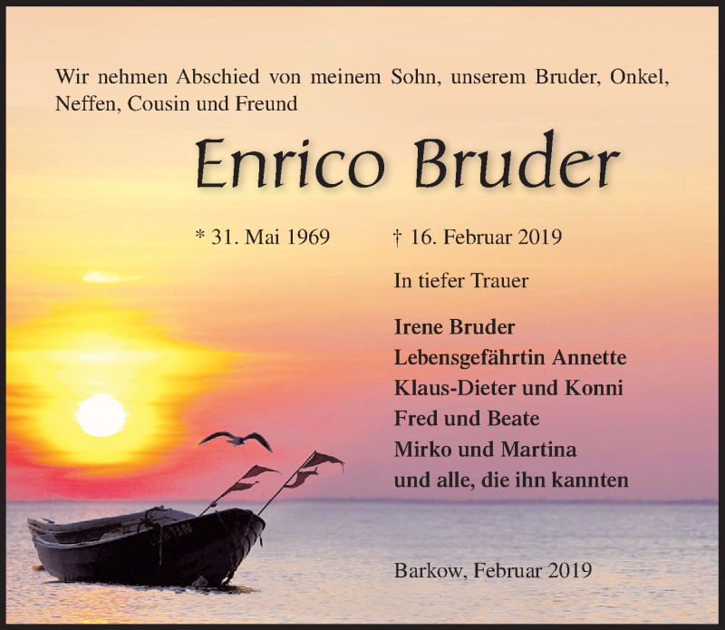  Traueranzeige für Enrico Bruder vom 23.02.2019 aus Ostsee-Zeitung GmbH