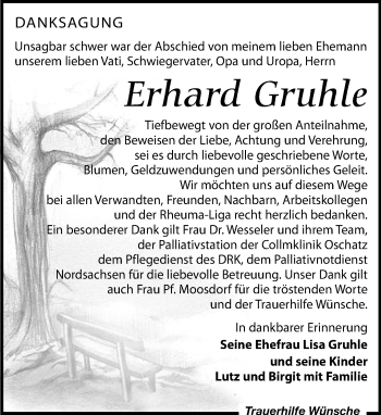 Traueranzeige von Erhard Gruhle von Leipziger Volkszeitung