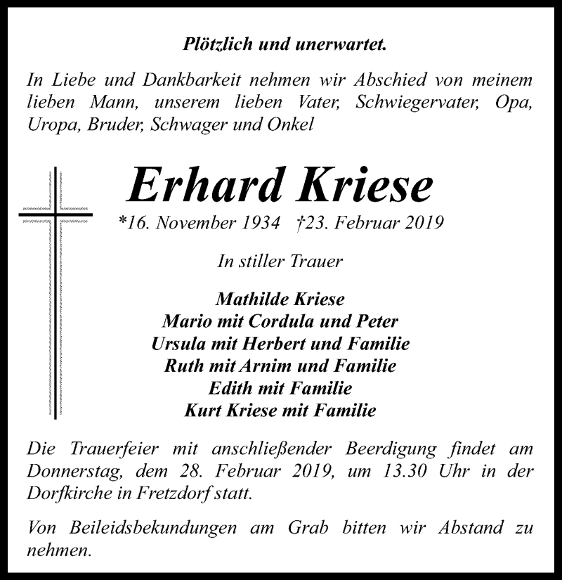  Traueranzeige für Erhard Kriese vom 26.02.2019 aus Märkischen Allgemeine Zeitung