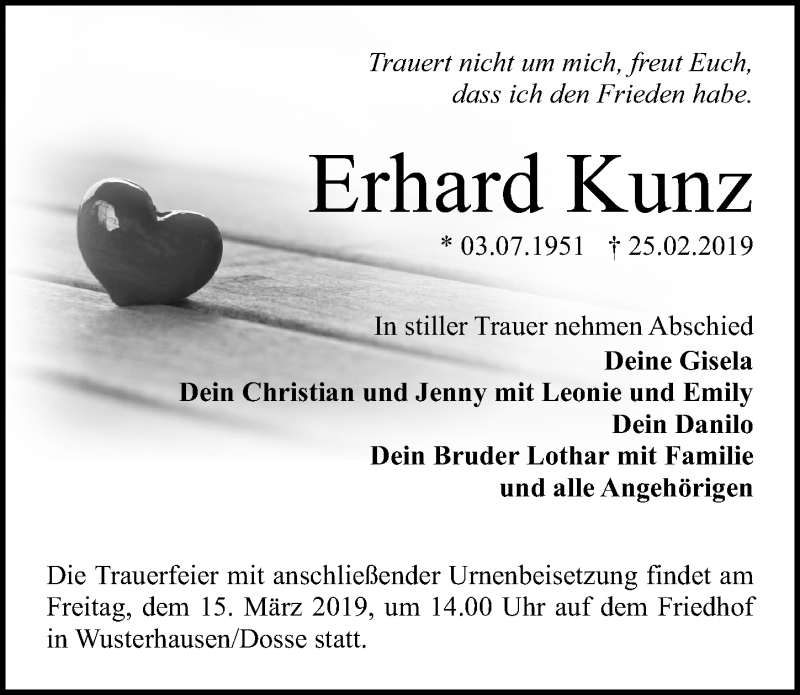 Traueranzeigen Von Erhard Kunz Trauer Anzeigen De