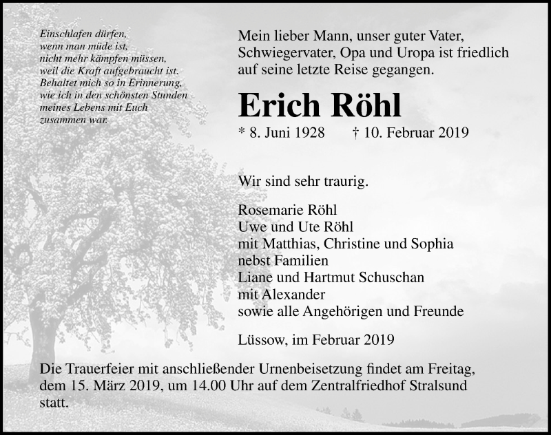  Traueranzeige für Erich Röhl vom 23.02.2019 aus Ostsee-Zeitung GmbH