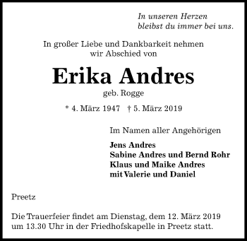 Traueranzeige von Erika Andres von Kieler Nachrichten