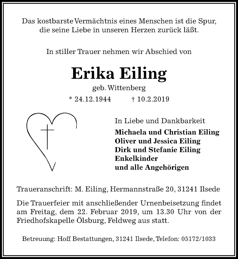  Traueranzeige für Erika Eiling vom 16.02.2019 aus Peiner Allgemeine Zeitung