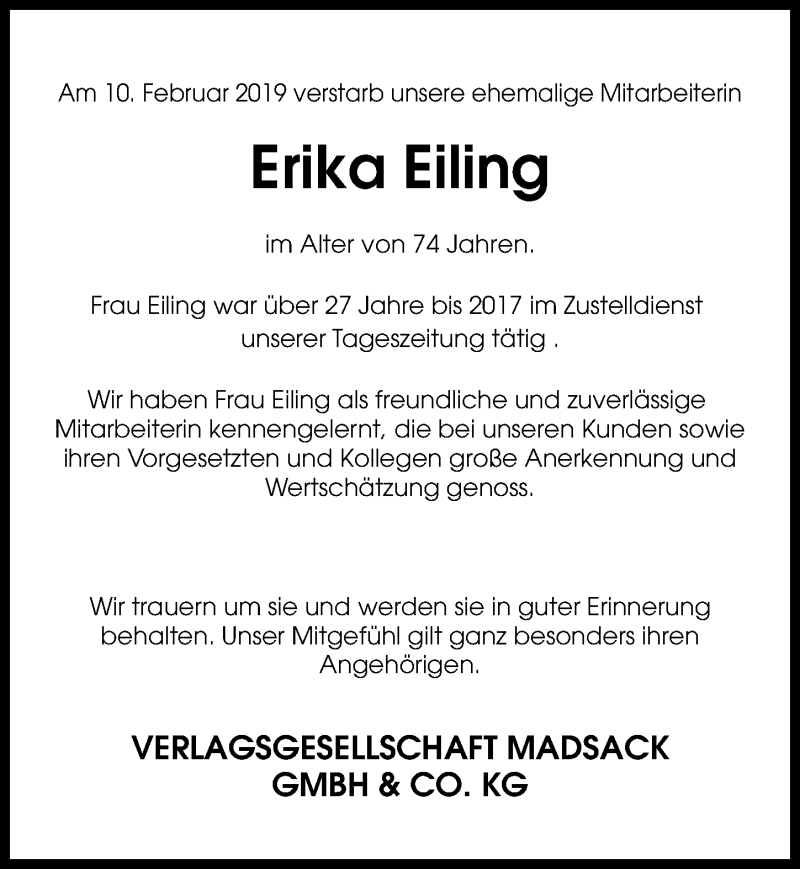  Traueranzeige für Erika Eiling vom 16.02.2019 aus Peiner Allgemeine Zeitung