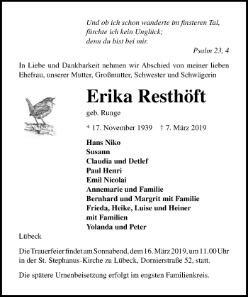 Traueranzeige von Erika Resthöft von Lübecker Nachrichten