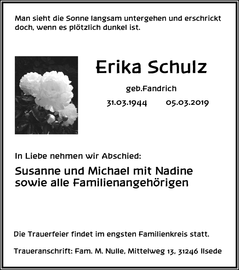  Traueranzeige für Erika Schulz vom 09.03.2019 aus Peiner Allgemeine Zeitung
