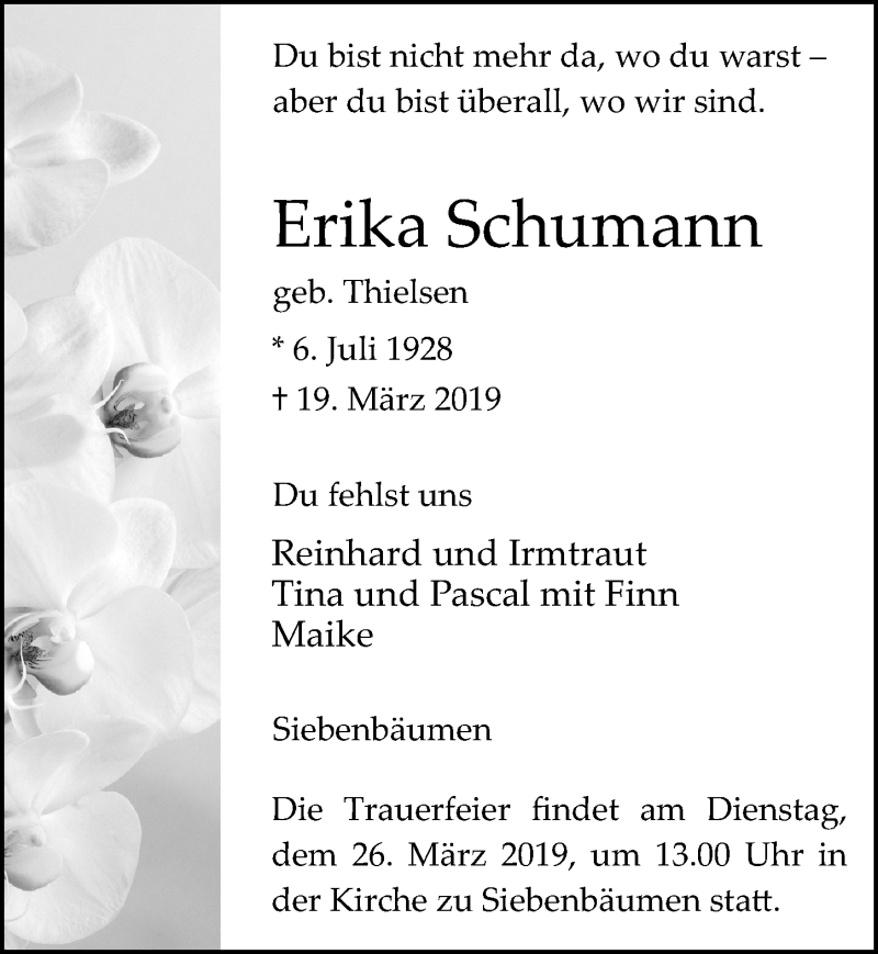  Traueranzeige für Erika Schumann vom 23.03.2019 aus Lübecker Nachrichten